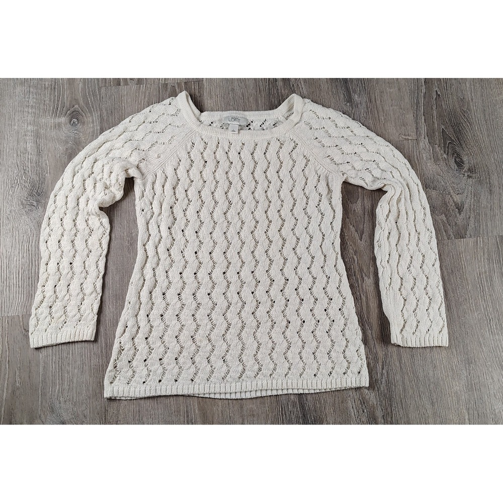 Ann Taylor Loft Large Women's Off White Open Knit Long Sleeve‎ Sweater Sheer